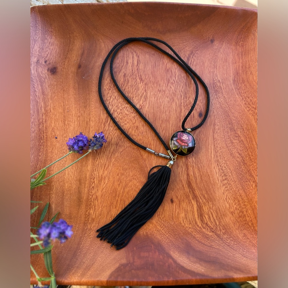 Black Tassel Necklace with rose cloisonné Pendant
